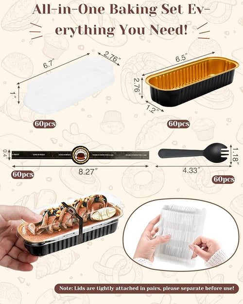 100 Pack Mini Loaf Pans with Lids, Spoons & Stickers – Disposable Aluminum Foil Baking Cake Containers for Oven, Air Fryer & Freezer – Ideal for Cakes, Bread, Pudding, Parties & Gifting, Black