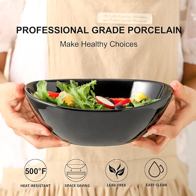 HASENSE 4Pcs Serving Bowls & Salad Bowls Set – 28oz Ceramic Mixing Bowls, Microwave & Dishwasher Safe, Stackable for Space-Saving – Ideal for Pasta, Fruit, Side Dishes, Soup, Black