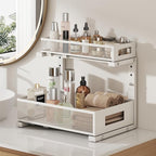 1 Pack-11.4"-16.14"H Under Sink Storage Organizer, Large 2-Tier Elegant Mesh Pull Out Shelf for Kitchen and Bathroom Cabinet Organization, L-Shaped and Adjustable Height Design for Maximum Space-White