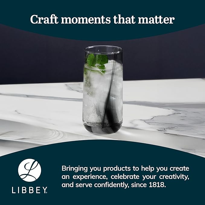 Libbey Black Ribbon Drinking Glasses Set of 8, 16 Oz Sleek Ribbon Accent Drinking Glass Cups, Durable Water Glasses Set for Soft Drinks, Iced Tea