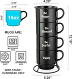 Signature Housewares Stackable Coffee Mug Tower Set with Metal Wire Rack - 15 Ounce Coffee Mugs for Coffee, Tea, Cocoa, Milk, Cappuccino, Hot Chocolate Set of 4 - Be Happy Matte Black