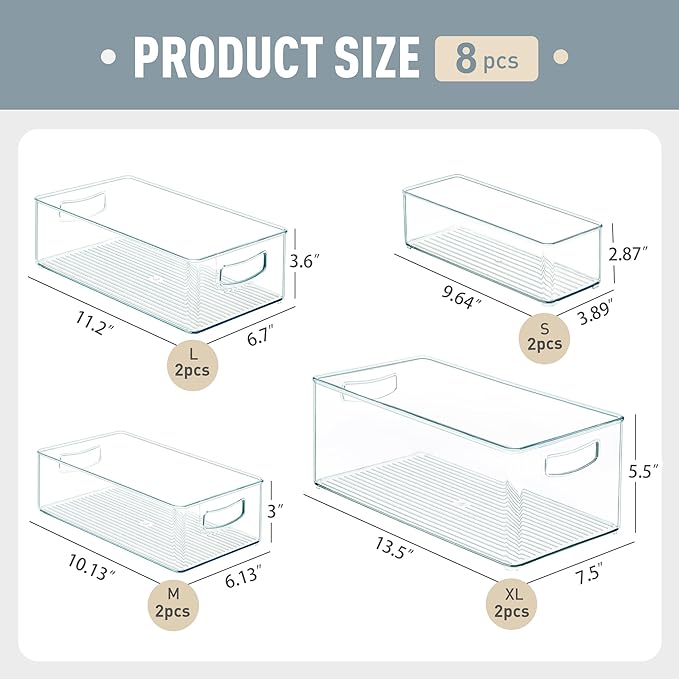 8 PACK Freezer Organizer Bins Fridge Organizer Storage Stackable Deep Freezer Storage Bins with Side Handles Refrigerator Organizers and Storage Home Organization Must Haves