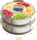 Divided Serving Tray with Lid and Handle, Stackable Snackle Box Container for Fruits Candy Organizer, Portable Spinning Rounded Veggie Tray for Kitchen, Party, Trave and Picnic-2 PACK