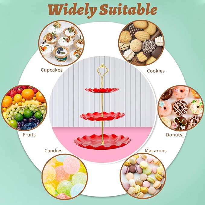 BACUTHY 3 Tier Cupcake Stand Holder, Plastic Cup Cake Stand Tower with Tiered Serving Tray for Cupcakes, Donuts, Fruits and More, Red