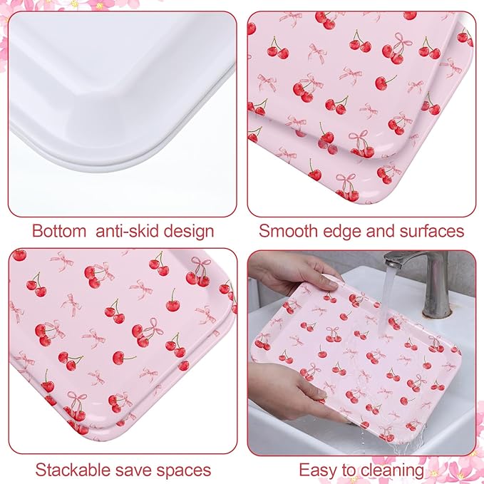 Vesici 3 Pcs Cherry Bow Serving Trays 13 x 10 Inch Pink Bow Cherry Melamine Platters Reusable Rectangular Serving Dishes for Coquette Wedding Baby Shower Birthday Party Sharing Snack Fruit Dessert