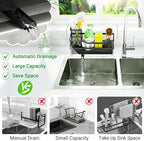 Sponge Holder for Kitchen Sink, Self-Draining Sink Caddy Organizer with Removable Brush Holder, Rustproof Metal Sponge Rack for Countertop, Fits Soap Dispenser & Scrubber, Black