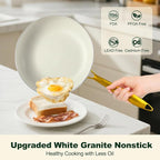 Pots and Pans Set Non Stick, 7 Piece White Granite Induction Cookware Set, Nonstick Kitchen Cooking Set with Gold Handle and Utensil, Oven Safe (PFOS, PFOA Free)
