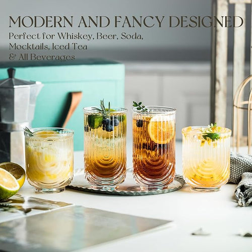 Art Deco Cocktail Glasses, Ribbed Drinking Glasses Set Of 8,14 oz Highball Glasses & 12 oz Cocktail Glasses Set, Kitchen Water Glasses Cup, Bar Tumbler Glassware Set for Beer, Juice, Whiskey, Milk