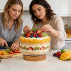 Prikoi 155oz Large Trifle Bowl with Wood Stand, Clear Glass for Displaying Layered Dessert, Salads, Fruit, Modern Design Food Storage Container, Elegant for Party, Holiday, Housewarming Gift