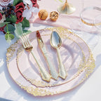 Nervure 175PCS Pink Plastic Plates - Disposable Pink Gold Party Plates & Pre Rolled Napkins with Cutlery for 25 Guests, 50Plates, 75Silverware, 25Cups, 25Napkin for Wedding & Party & Valentines