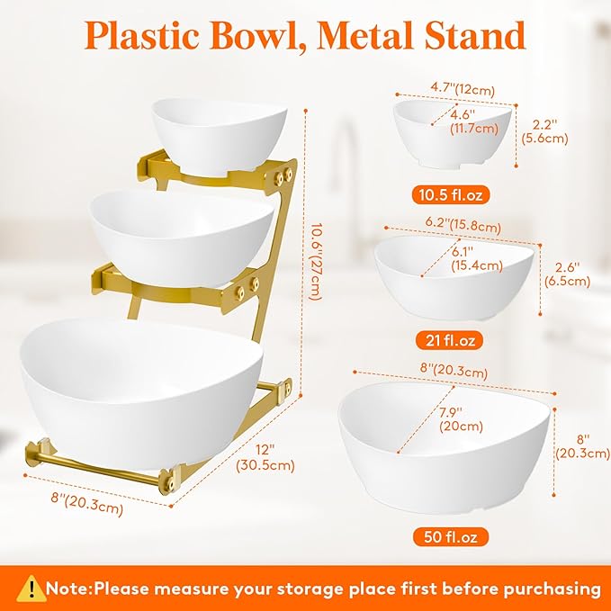 Lifewit 3 Tier Plastic Serving Bowls with Gold Metal Stand, Chips and Dip Serving Tray Set for Entertaining Party, Crack-Proof Serving Platters for Fruit/Snack/Candy, 31 x 20 x 27 cm/12 x 8 x 10.6