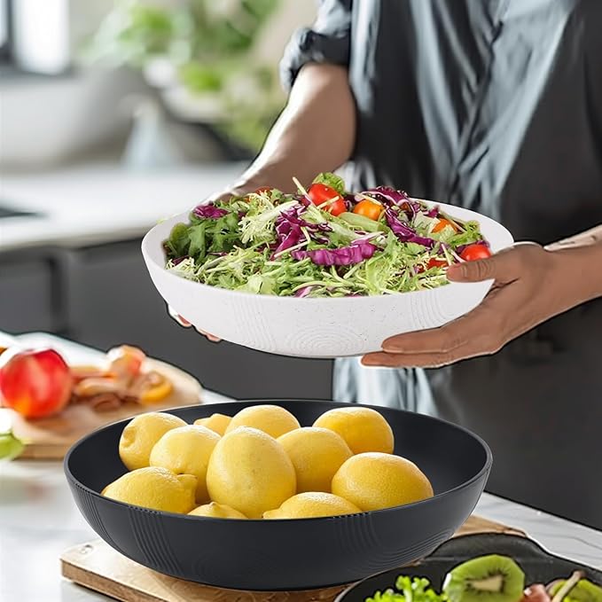 Wrova Wheat Straw Salad Bowls,65oz Unbreakable Wide and Shallow Dinner Bowls Set of 2,Microwave Safe Reusable Plastic Salad Bowls for Kids, Adults,Salad,Camping,RV.Black and White