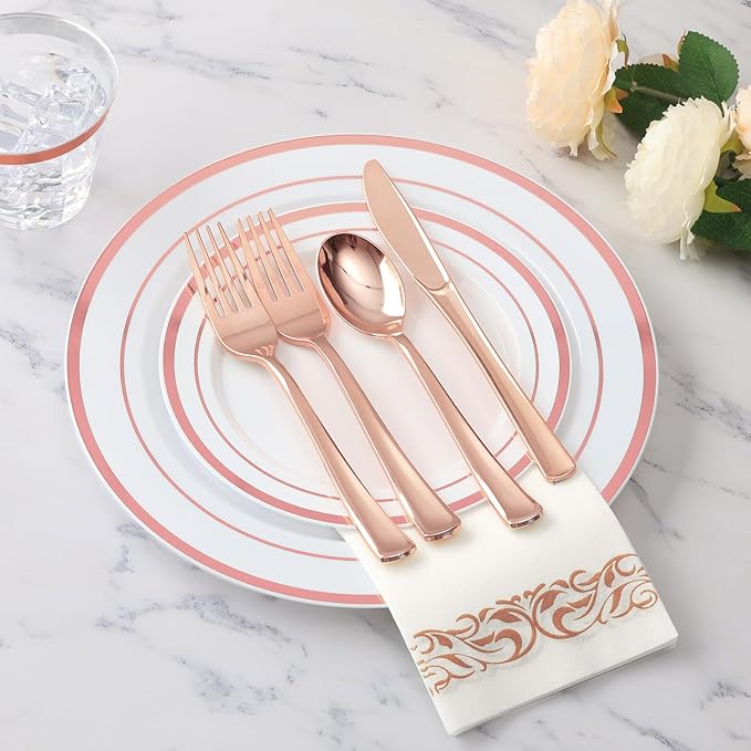 Goodluck 700 Pieces Rose Gold Dinnerware Set for 100 Guests, Plastic Plates Disposable for Party, Include: 100 Dinner Plates, 100 Dessert Plates, 100 Paper Napkins, 100 Cups, 100 Silverware Set