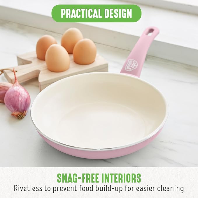 GreenLife Soft Grip 8” Frypan Skillet and Spatula Breakfast Cookware Set, PFAS-Free Ceramic Nonstick, Silicon Spatula with Bamboo Handle, Egg Omelette Bacon, Dishwasher Safe, Stay-Cool Handles, Pink