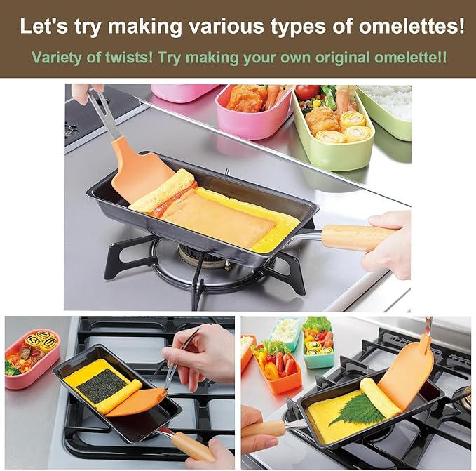 KAKUSEE Long Slim Tamagoyaki Omelette Mini Frying Pan - Iron Construction, Suitable for Gas and IH Cookers, with Wooden Handle - Made in Japan