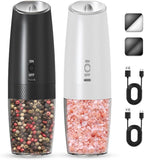 Rechargeable Electric Salt and Pepper Grinder Set, Gravity Activated, Adjustable Coarseness, LED Light, USB Charging, Ceramic Core, 150ml Transparent Hopper, Black + White