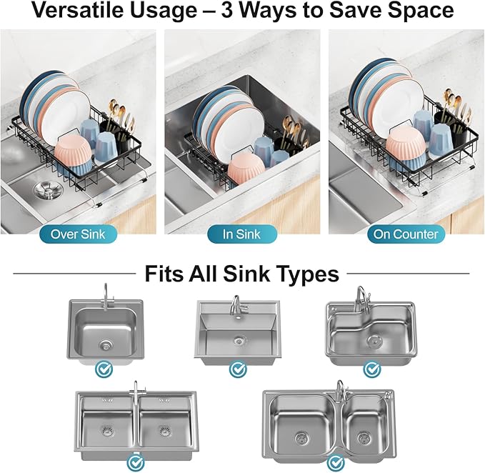 iSPECLE Expandable Dish Drying Rack for Kitchen Sink - Rust Resistant Adjustable Over the Sink Dish Drainer with Non Slip Rubber, 12.7" W x 12.8"-25.2" L, Black