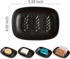 Soap Dish Soap Holder Shower, Ceramic Soap Dishes for Large Bar Soap Sponge, Shower Soap Dish Soap Saver Tray for Bathroom Kitchen Sink, Elegant Raised Leaf Design, Easy Dishwasher Cleaning, Black