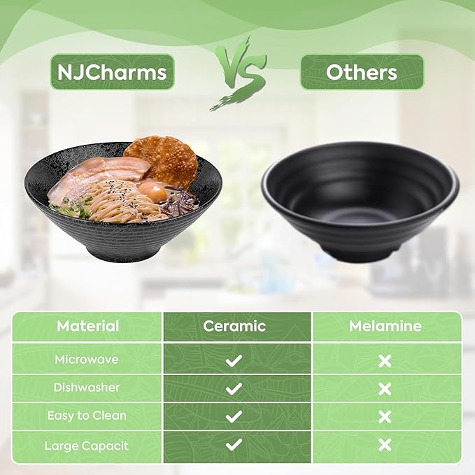 NJCHARMS Ceramic Ramen Bowl Set of 2, 60 oz Japanese Noodle Soup Bowls with Spoons and Chopsticks for Ramen Soup Pho Udon Asian Noodles, Large Noodle Bowls