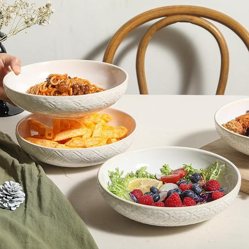 8" Ceramic Pasta Bowls, 22 Oz Serving Bowls Set of 4, Porcelain Shallow Soup Bowl, Embossed Serving Dishes for Pasta, Fruit, Salad, Housewarming Gift, Dishwasher Safe