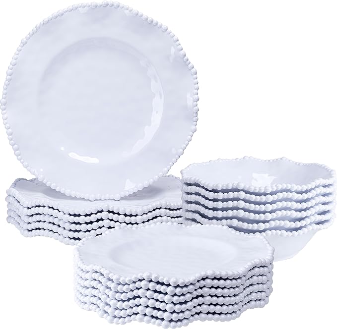 White Beaded Melamine Dinnerware Set, 18 piece Dishwasher Safe Plates and Bowls for Dining, Parties, Camping Dish Set