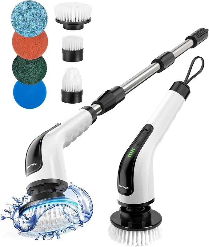 Bomves Electric Spin Scrubber, Cordless Cleaning Brush Scrubber for Home, 8 Replaceable Brush Heads-90Mins Work Time, 3 Adjustable Size, 2 Speeds for Bathroom Shower Bathtub Glass Car