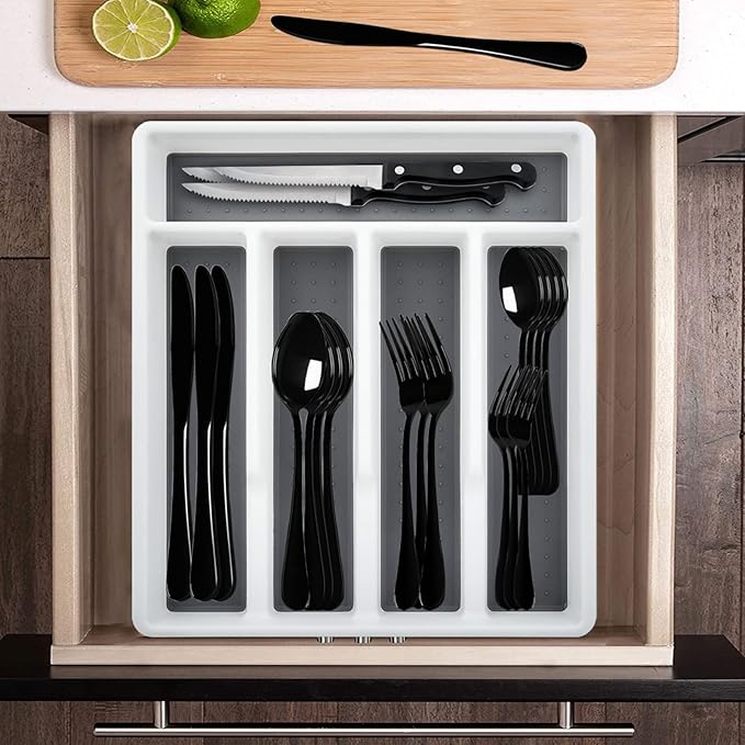 HaWare 49-Piece Black Silverware Set with Flatware Drawer Organizer, Stainless Steel Cutlery with 8 Steak Knives, Modern Eating Utensils Tableware Service for 8, Mirror Polished, Dishwasher Safe