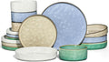 E-far 16-Piece Plates and Bowls Sets with Pasta Bowls - Stoneware Dinnerware Set for 4, Modern Ribbed Dishes, Microwave & Dishwasher Safe, Multicolor
