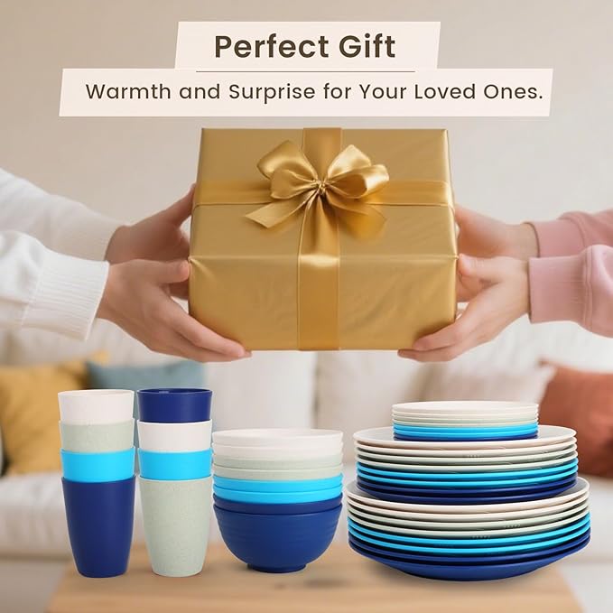 Homienly 40 PCS Wheat Straw Plates and Bowls Sets, Cups Sets, Dishes Set for 8, Unbreakable Microwave and Dishwasher Safe Dinnerware Sets,Reusbale Plastic Outdoor Camping Dishes - Island Series