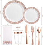 FOCUSLINE 350 Ct Rose Gold Dinnerware Set for 50 Guests, Rose Gold Lace Plastic Plates Disposable Heavy Duty, Including 50 Dinner & Dessert Plates, Cups, Napkins, Cutlery Set