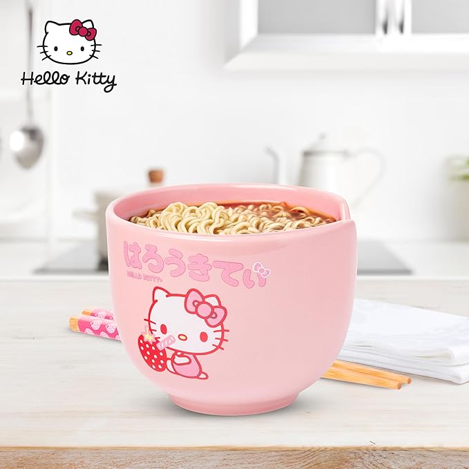 Silver Buffalo Sanrio Hello Kitty Strawberry Milk Japanese Character Ceramic Ramen Noodle Rice Bowl with Chopsticks, Microwave Safe, Pink, 20 Ounces