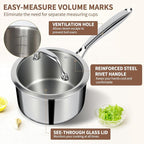 EWFEN 3 Ply Stainless Steel Saucepan with Lid, 2 Quart Multipurpose Cooking Pot, Stay-Cool Handle, Induction Oven Dishwasher Safe, 2 QT