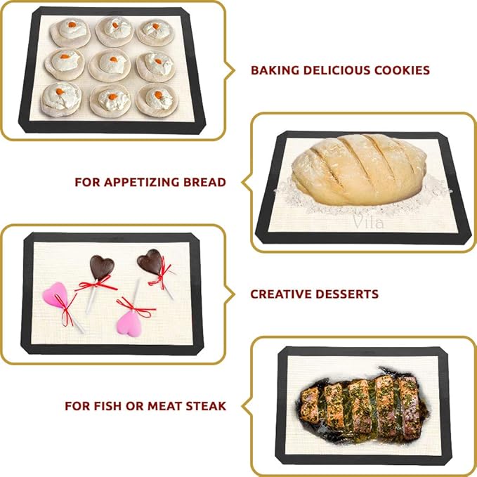 Vila 2 Pack Baking Mats, 12” x 17”, Tray Pan Liner for Healthy Dishes, Reusable Non-Stick Cookie Sheets, Perfect for Macarons, Dog, Cat, Parrot Treats, Pastry, Bread, Bun making
