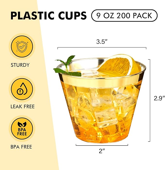RACETOP 9 oz Clear Disposable Plastic Cups with Gold Rim [200 Pack], Gold Rimmed Plastic Cups Tumblers, Heavy-duty Party Glasses, Disposable Cups