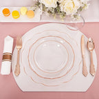 NOCCUR 350PCS Rose Gold Plastic Plates - Clear Rose Gold Disposable Dinnerware Set - Include 100 Dinner/Dessert Plates,50 Cups,50 Pre Rolled Napkins with Cutlery Set - Ideal for Party/Mother's Day