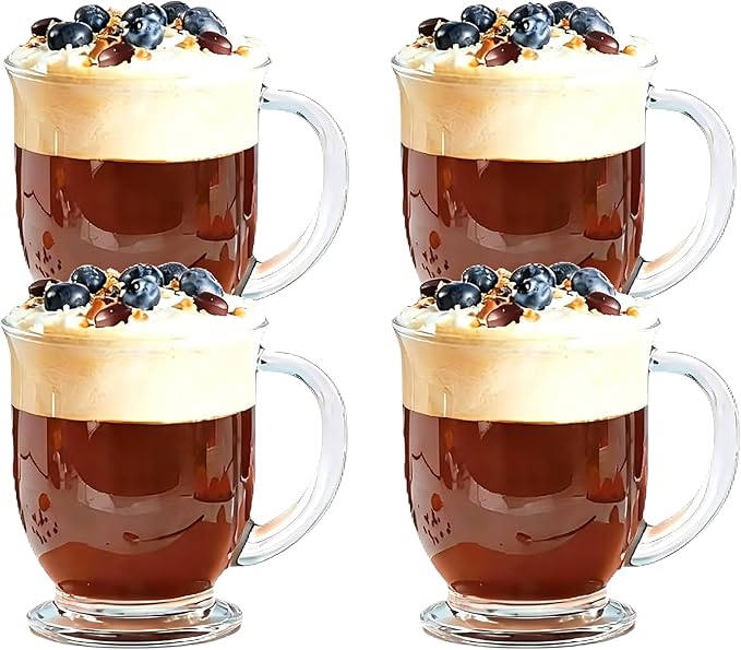 Set of 4 Clear Glass Coffee Mugs,16 OZ Large Beer Cups,Diner Coffee Cup with Handle for Hot Beverages,Tea, Cappuccino, Latte, Espresso, Juice Mothers Men and Women Gifts