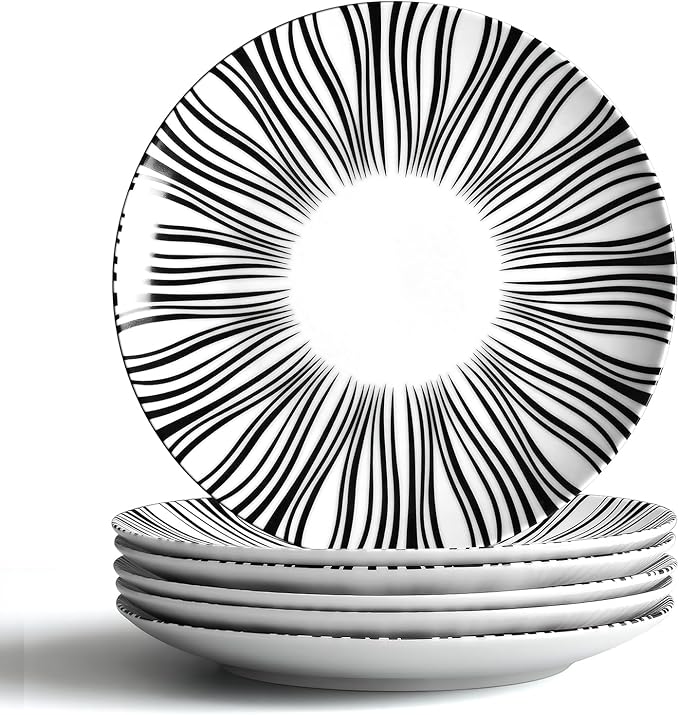 8" Black and White Striped Ceramic Plates Set of 6, Zebra Pattern Salad Plates Set, Minimalist Porcelain Dish Set, Microwave, Oven & Dishwasher Safe