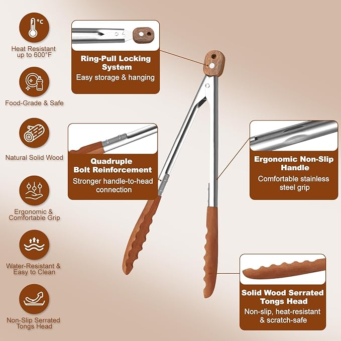 3 Pack Wooden Tongs for Cooking (9", 12", 16") – Locking Wooden Tongs with Non-Slip Handles & Hanging Hole, Wood Tip Serving Tongs for BBQ, Salad & Grilling (9+12+16 Inch)