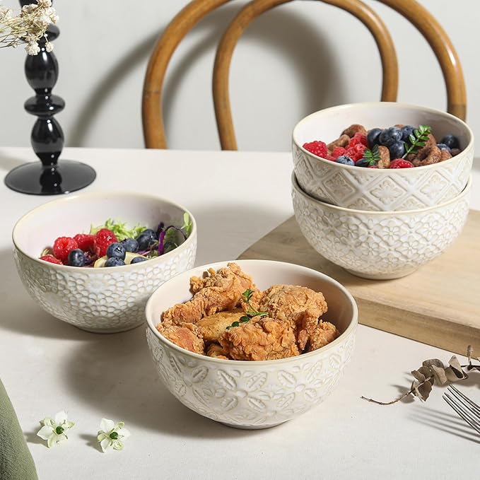 26 OZ Cereal Bowls Set of 4, Ceramic Soup Bowl for Kitchen, 6 inch Porcelain Serving Bowl, Embossed Bowls for Salad, Pho, Breakfast, Ramen, Rice, Dishwasher Safe, Housewarming Gift