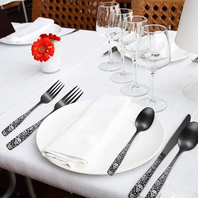 Pattern Matte Silverware Set for 8,40 Piece Gothic Black Flatware set,Skeleton Flower Bat Unique Pattern Design,Skull Knive Fork Spoon Spooky Utensils Cutlery,Halloween Party Supplies Event Tab