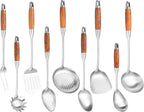 Stainless Steel Kitchen Utensils Set with Wooden Handle for Cooking 9 PCS with Solid and Slotted Spoon, Fork, Spatula, Ladle, Skimmer, Slotted Tunner, Spaghetti and Large Spoon
