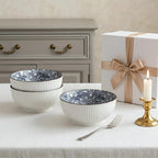 QINLANG Large Soup Bowls, Pho & Ramen Set of 3, 60 oz Blue & White Porcelain - Wave Pattern