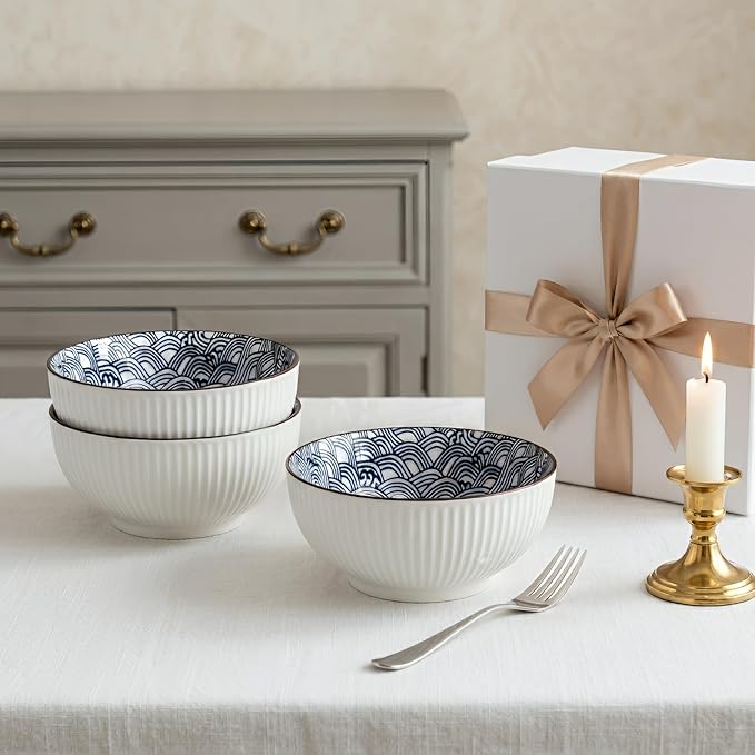 QINLANG Large Soup Bowls, Pho & Ramen Set of 3, 60 oz Blue & White Porcelain - Wave Pattern