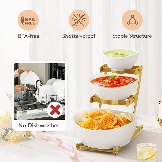 Lifewit 3 Tier Plastic Serving Bowls with Gold Metal Stand, Chips and Dip Serving Tray Set for Entertaining Party, Crack-Proof Serving Platters for Fruit/Snack/Candy, 31 x 20 x 27 cm/12 x 8 x 10.6