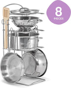 Melissa & Doug Stainless Steel Pots & Pans, 8 Piece Play Kitchen Set, Premium Play Kitchen Accessories & Cooking Utensils, Preschool Toys for Kids 3+