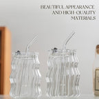 Ribbed Glass Cups with Lids and Straws – Unique Glasses for Iced Coffee, 18oz Vintage Design, Ideal Wavy Coffee Cups with Straws, Bubble Glass Aesthetic, Clear Ribbed Glasses