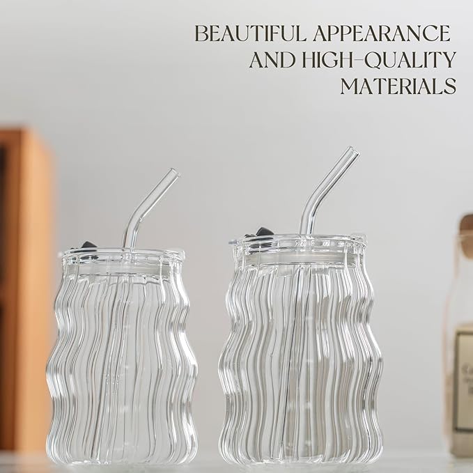KEMORELA 6PCS Vintage Ribbed Glass Cups – 18oz Wavy Design with Lids & Straws, Clear Bubble Aesthetic for Iced Coffee & Drinks