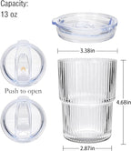 6 Pack 13oz Ripple Drinking Glasses with Lids, Iced Coffee Cup Set, Vintage Drinking Glasses, Coffee Glasses, Water Glasses for Matcha Smoothie Juice Tea Latte Cappuccino Cocktail