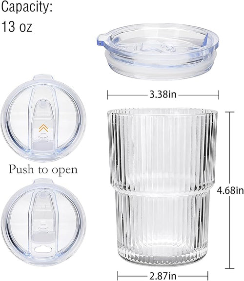 6 Pack 13oz Ripple Drinking Glasses with Lids, Iced Coffee Cup Set, Vintage Drinking Glasses, Coffee Glasses, Water Glasses for Matcha Smoothie Juice Tea Latte Cappuccino Cocktail