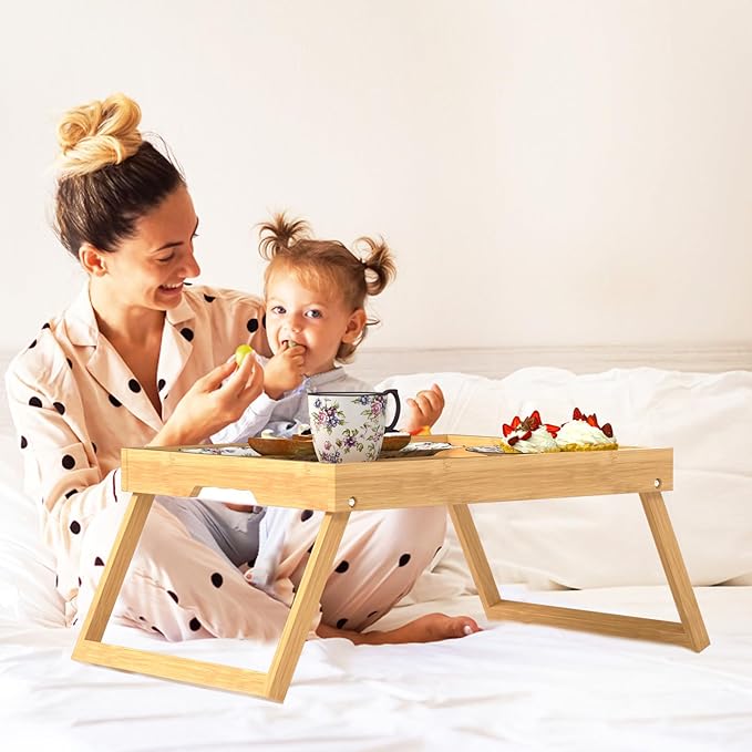 2 Pack Bed Tray Table with Foldable Legs, Bamboo Breakfast Tray for Sofa, Beds, Eating, Working, TV Table, Food, Dinner, Computer Trays, Laptop Desk Snack Folding Trays in Bed